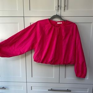 Hot Pink Cropped Puffy Long Sleeve Blouse